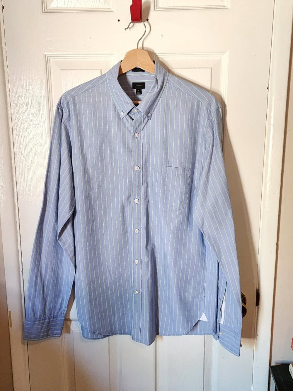 J.Crew Classic Button Up Collar Shirt Medium in Light Blue with Green Pinstripes